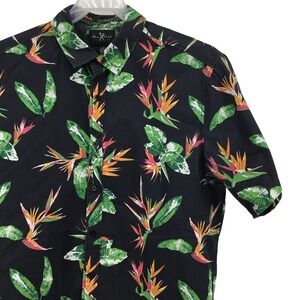 Marc Ecko Button Down Shirt Mens Large Black Tropical Bird of Paradise Floral L